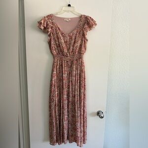 Indigo Rose Floral Cinched Waist Ruffle Sleeve Midi Dress